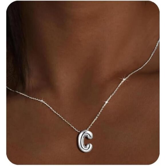 Silver Initial Pendant Necklace – Personalized Letter “C” Trendy Stuffed Bubble - Picture 1 of 5